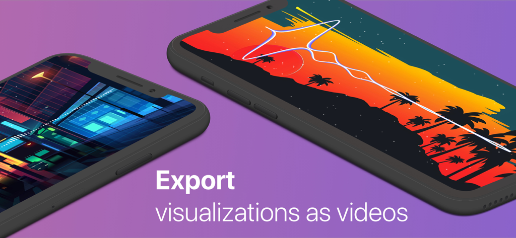 Deux iPhones affichant des visualisations musicales vibrantes avec le texte exporter des visualisations sous forme de vidéos