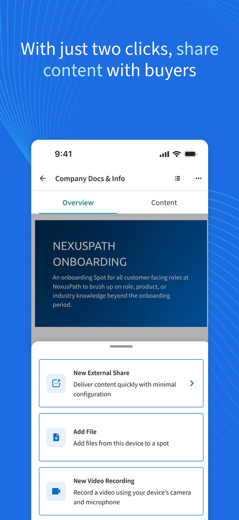 Highspot - Highspot mobile app interface showing options to share sales content with buyers and record videos