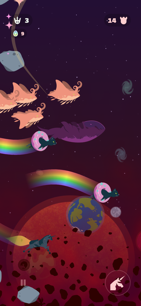 Flappy Dragon - Gameplay screenshot of Flappy Dragon showing a space level with a cat riding a donut on a rainbow and a unicorn dragon flying past planets.