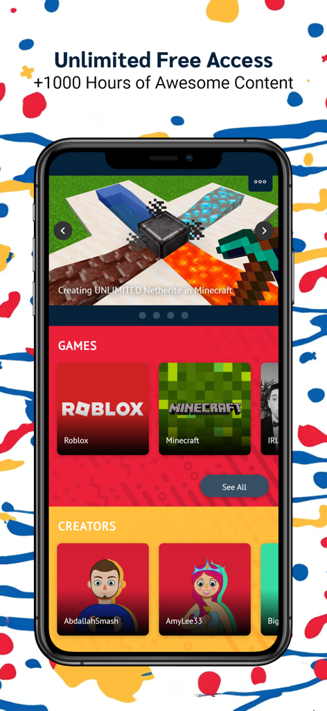 Tankee Gaming Videos & More - Interfaz de la aplicación Tankee mostrando videos de gaming curados para niños con Roblox y Minecraft