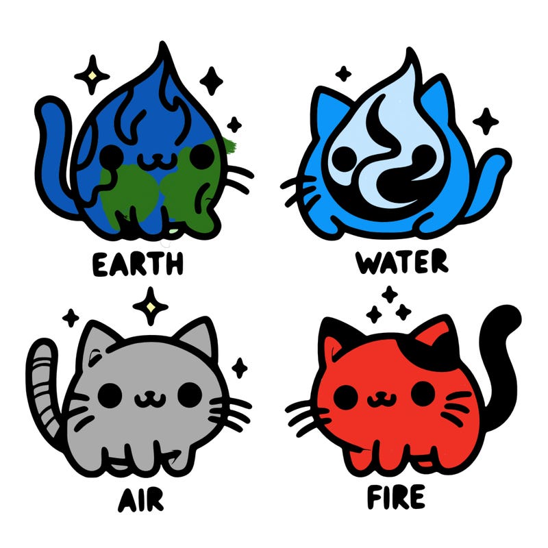 4 cats that represent the different elements, earth, water, air, and fire