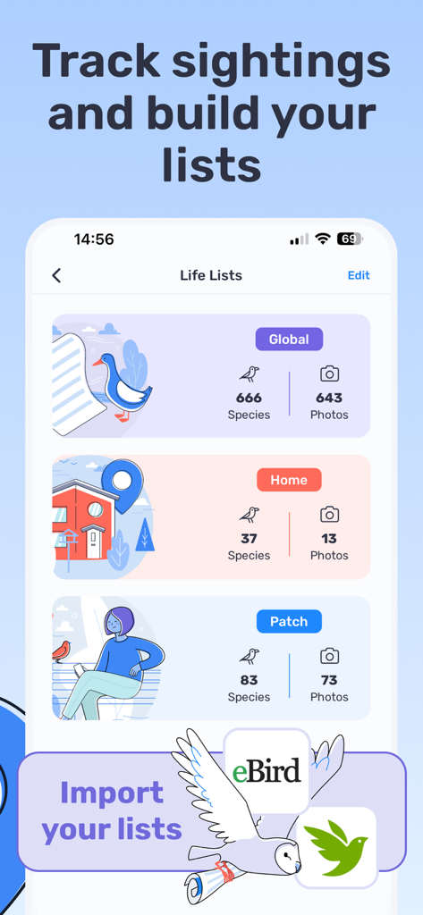 Birda – Birding Made Better - eBirdからのリストをインポートし、鳥の観察記録を追跡するためのBirdaアプリインターフェース