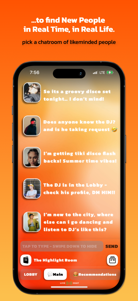 Find Your Vibe - Real time chat interface in Find Your Vibe app showing user discussions about a venue vibe