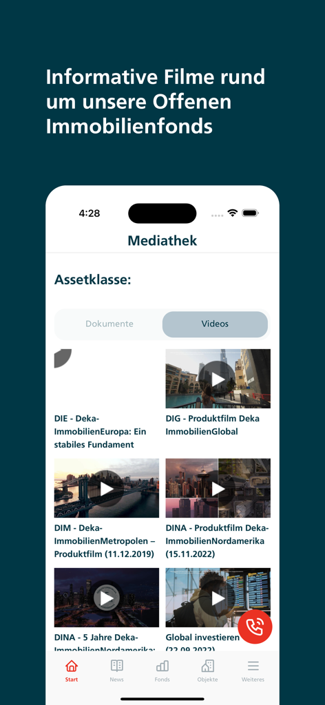 Deka Immobilienfonds app media library showing informational videos about real estate investment funds
