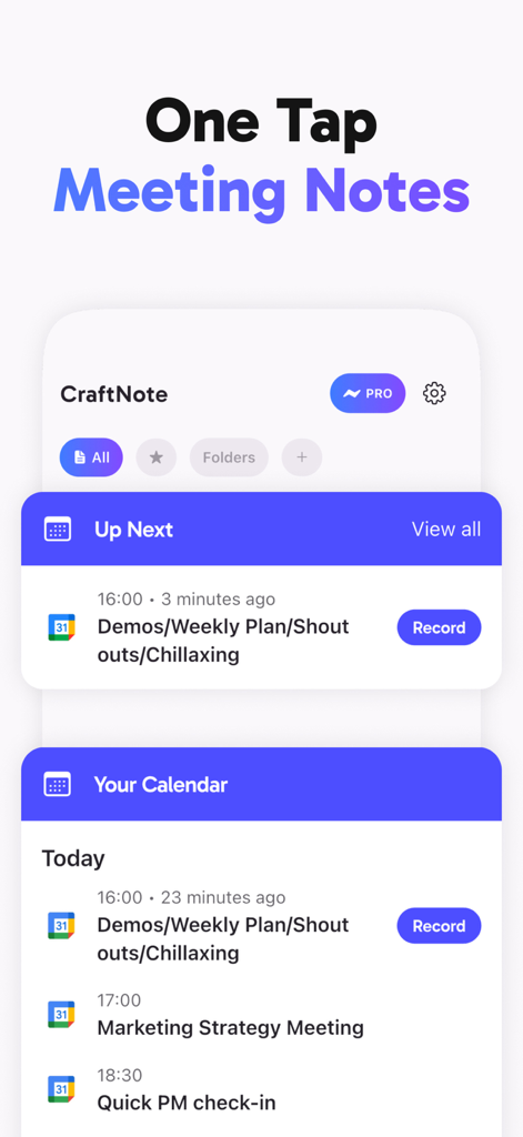 Smart AI Note Taker: CraftNote - CraftNote app interface displaying upcoming meetings with a record button for automated AI note taking
