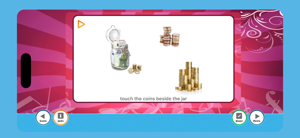 실제 사진을 사용하여 병 옆에 있는 동전을 식별하도록 요청하는 Preposition Remix 앱의 공간 학습 작업.