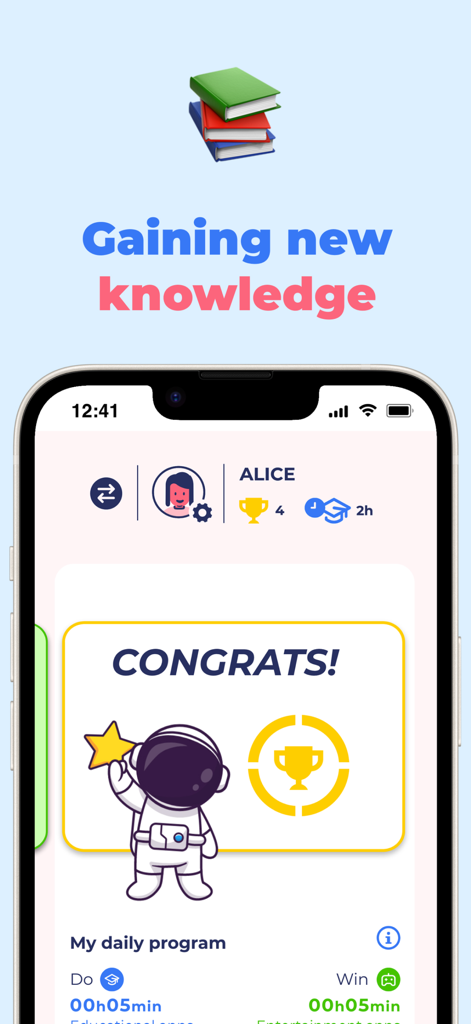 A child dashboard on MrArthur app showing educational progress and earned entertainment time