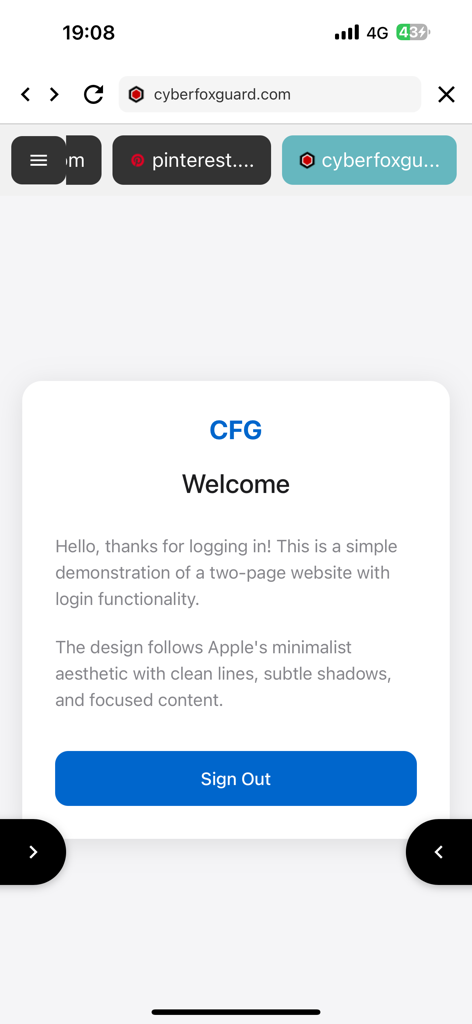 CyberFox Guard - Pantalla de bienvenida de acceso seguro corporativo de CyberFox Guard con botón de cierre de sesión