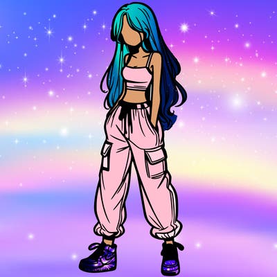 girl in baggy pants crop top and long hair