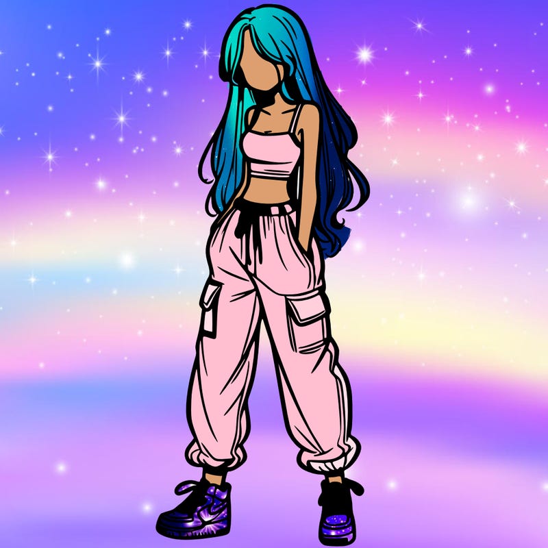 girl in baggy pants crop top and long hair