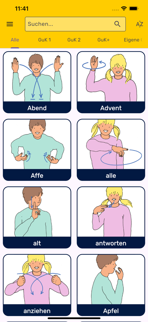 Una cuadrícula que muestra varios gestos de lenguaje de signos ilustrados para palabras comunes en alemán en la app GuK.