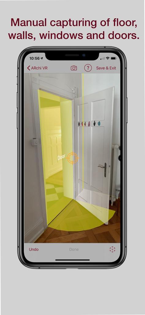 ARchi VR - Create & Browse AR - iPhone screen showing ARchi VR app manual capturing of a door and floor in augmented reality