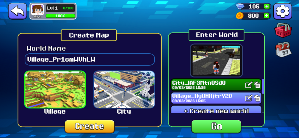 One Block World - One Block World menu screen for creating and selecting maps