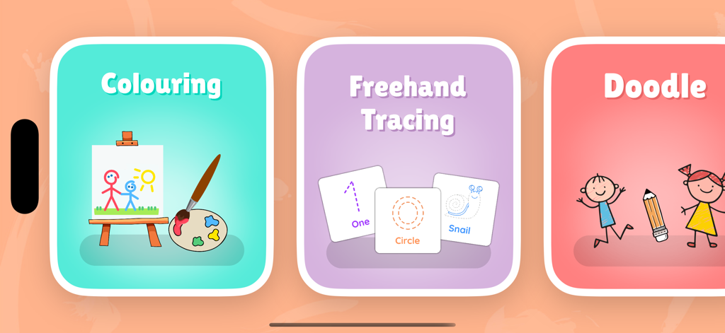 A colorful menu screen for children featuring options for coloring freehand tracing and doodling