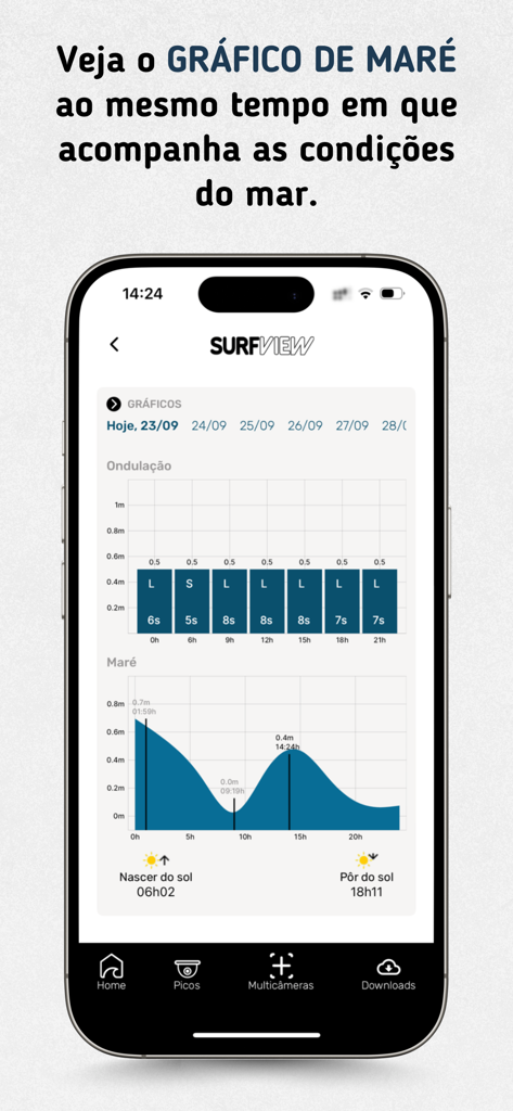 SurfView - SurfView app interface showing tide graph and swell conditions for surfers.
