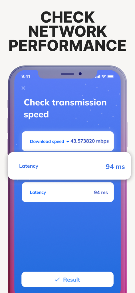 Interface do aplicativo móvel exibindo resultados de velocidade de transmissão de rede e latência para espelhamento de tela otimizado