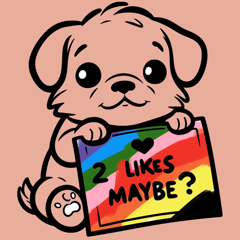 a puppy holding a sign that says 2 likes maybe?