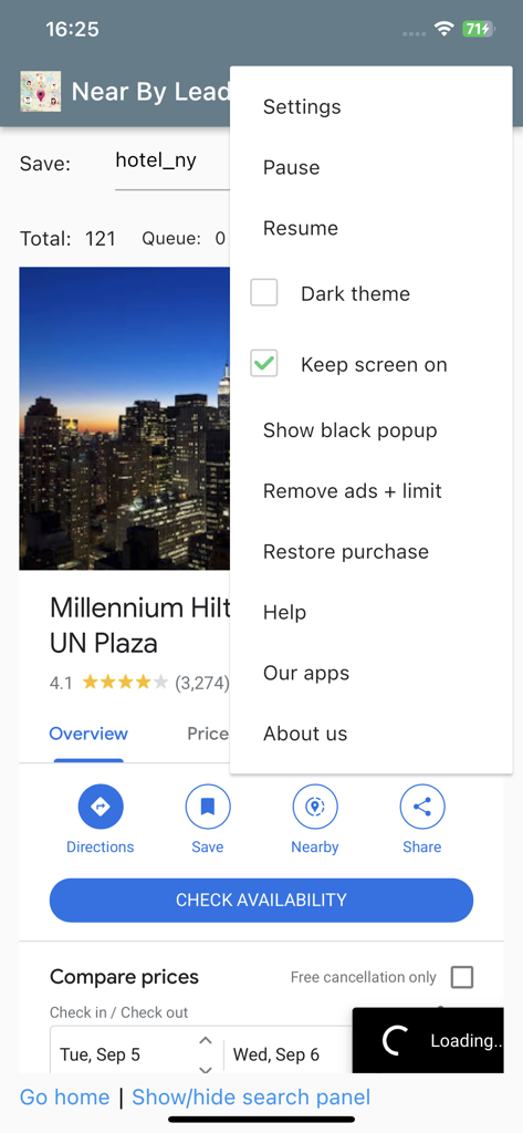 Settings menu in the Near By Lead Extractor app for managing lead scraping tasks
