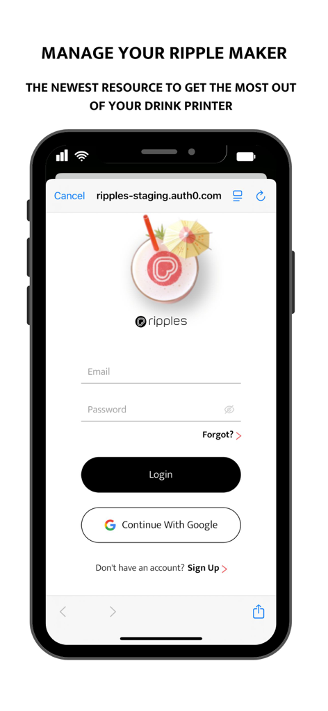 Ripples -Drink Personalization - Login screen for the Ripples drink printer management app showing email and Google login options.