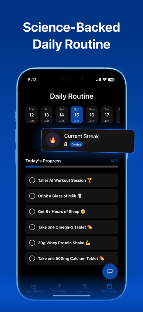 Taller AI app screen displaying a science backed daily routine checklist with a streak counter and progress bar