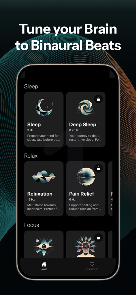 La pantalla de inicio de la aplicación Binaura que muestra modos de sonido para la relajación del sueño y el enfoque