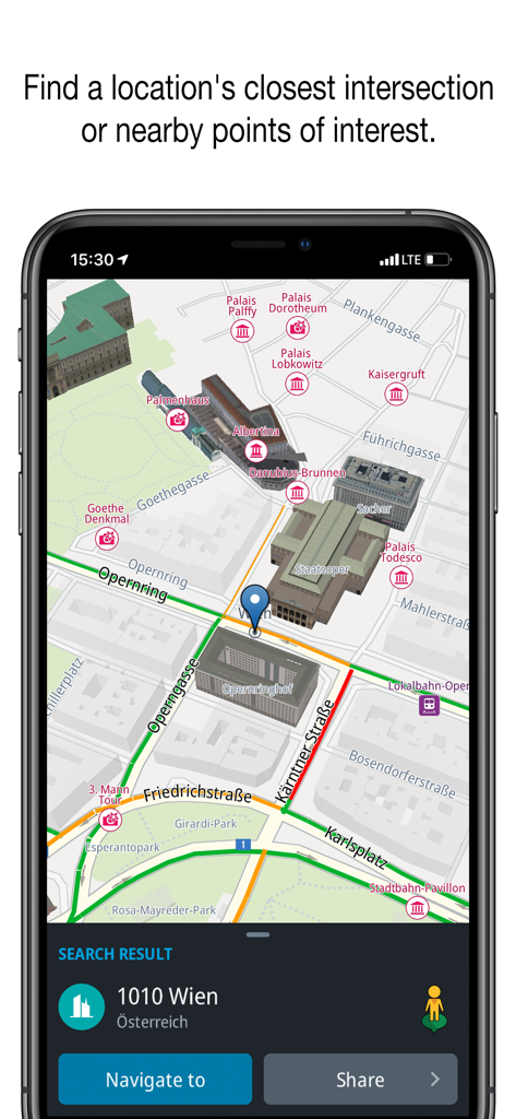 Genius Maps 3D navigation interface showing points of interest and search results for Vienna
