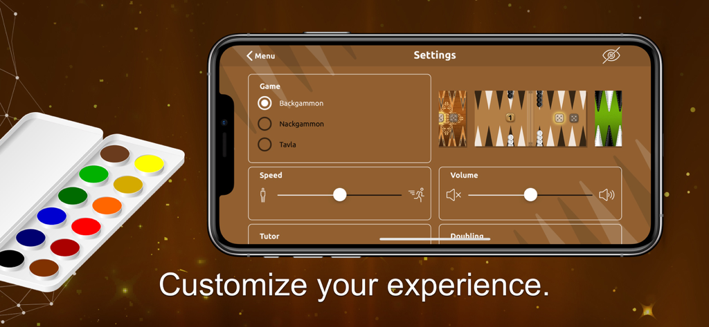 Backgammon Gold - Backgammon Gold settings menu featuring board designs and game mode options