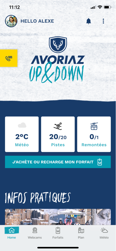 Avoriaz Up&Down - Home screen of the Avoriaz Up and Down ski app showing weather and slope status.