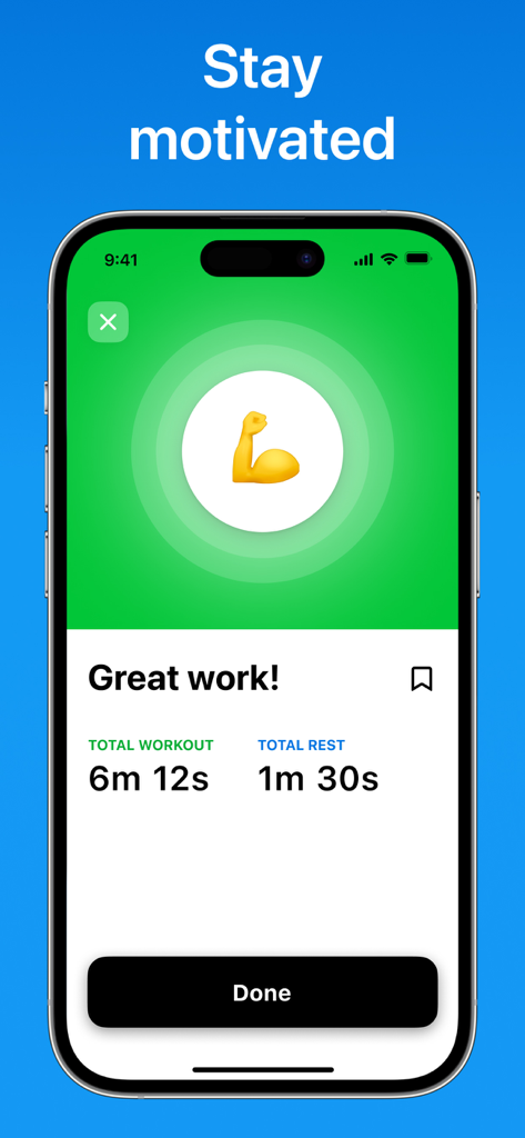 Interval Timer: Tabata & HIIT - Workout summary screen showing total exercise and rest duration.