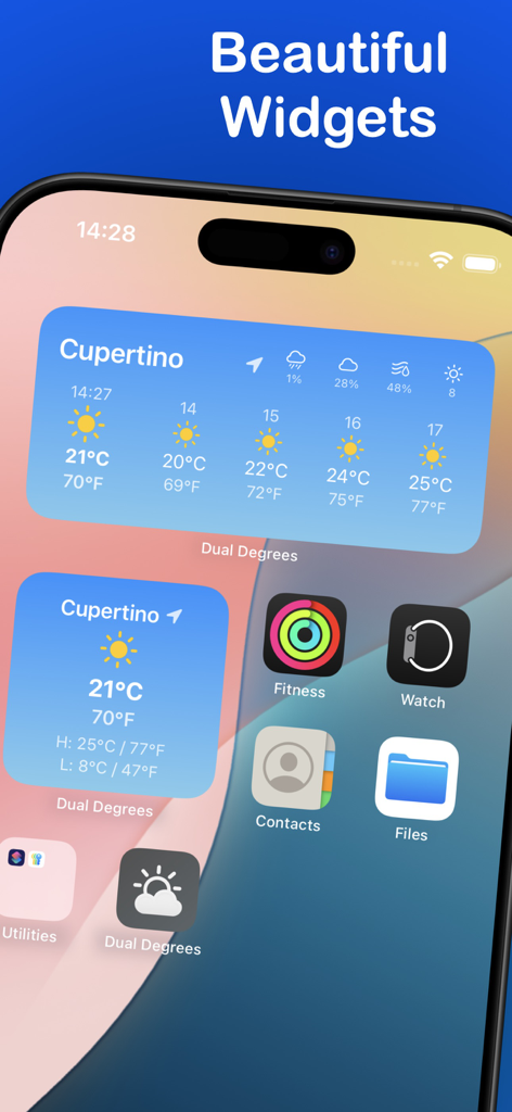 Dual Degrees – C° & F° Weather - iPhone home screen displaying weather widgets with side by side Celsius and Fahrenheit temperatures
