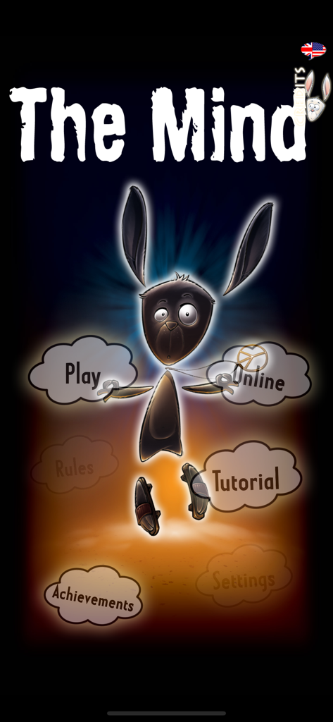 Pantalla de inicio del juego The Mind con un personaje de conejo estilizado y botones de menú con forma de nube