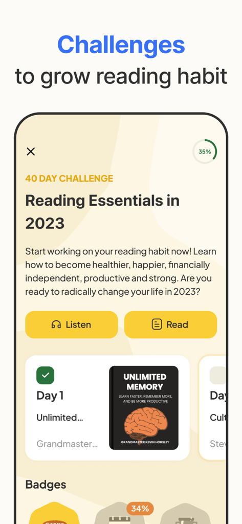 Mobile screen of Book Summaries app featuring a 40-day reading habit challenge with progress tracking and audio options.