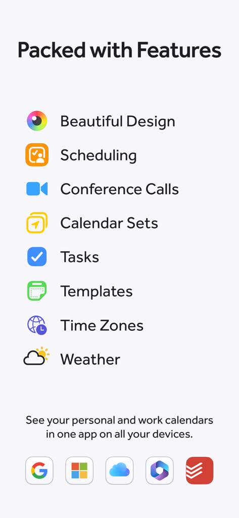 A list of key features for the Fantastical Calendar app including scheduling conference calls tasks and calendar sets.
