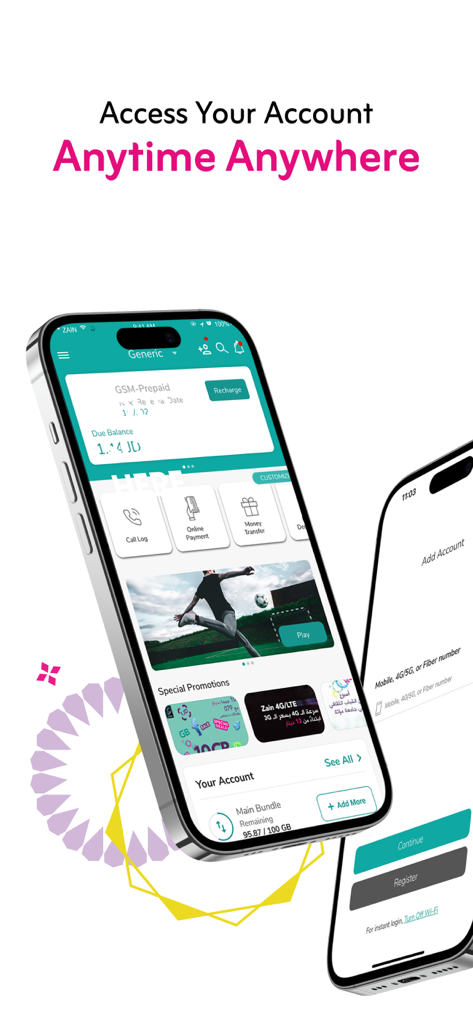 Interfaz de la aplicación móvil Zain Jo que muestra el saldo de la cuenta y las opciones de pago en un smartphone
