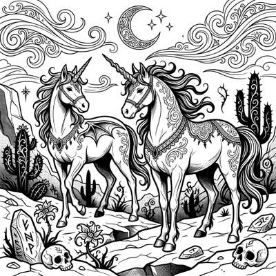 Discover the enchanting world of Gothic Desert Unicorns with this unique coloring page. Featuring two majestic unicorns adorned with intricate details and mystical elements, it's a captivating blend of fantasy and dark elegance.