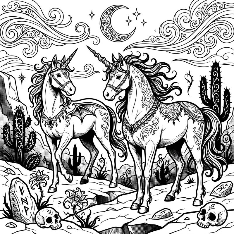 Discover the enchanting world of Gothic Desert Unicorns with this unique coloring page. Featuring two majestic unicorns adorned with intricate details and mystical elements, it's a captivating blend of fantasy and dark elegance.
