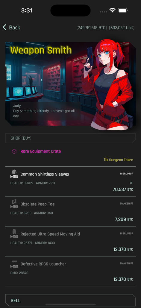 CyberCode Online: Text RPG - CyberCode Online weapon shop screen featuring an anime character and a list of items for sale including a rare equipment crate and weapons.