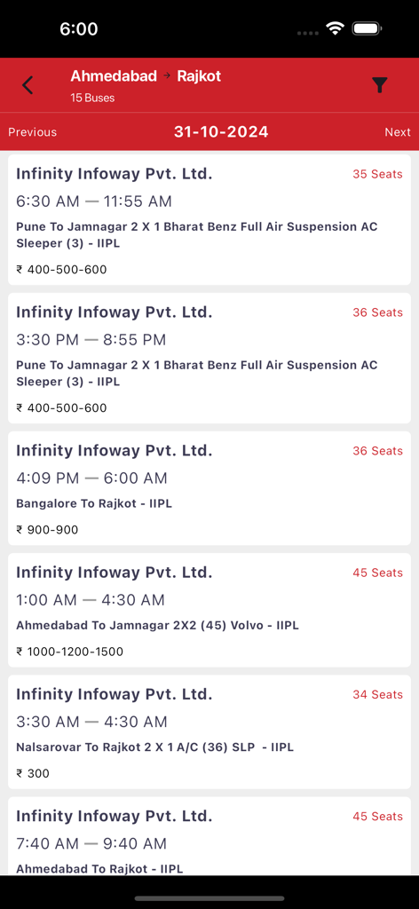 i Agent Infinity - A mobile interface showing a list of available bus routes between Ahmedabad and Rajkot with departure times and seat availability