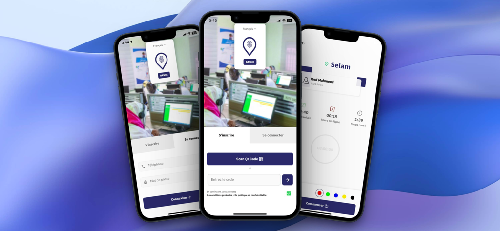 Trois iPhones affichant l'interface de l'application Basme pour le suivi du temps mobile et la gestion de la présence des employés