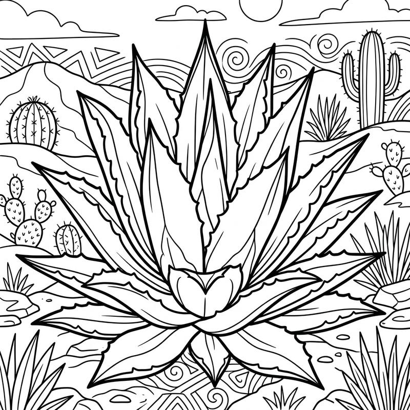 Explore the wonders of the desert with this engaging coloring page featuring a magnificent agave succulent plant. Perfect for kids aged 4-8, it combines balanced line art with an exciting desert landscape to spark creativity.