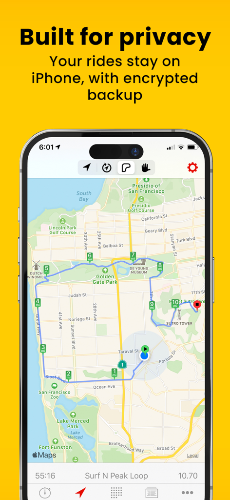 Cyclemeter Cycling GPS Tracker - Tela do aplicativo Cyclemeter mostrando um mapa de rota de ciclismo de São Francisco com recursos de privacidade e backup criptografado