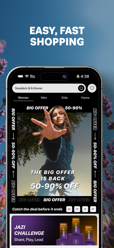 Mobile screen of Jazi app displaying big offers and curated fashion categories for women men and kids