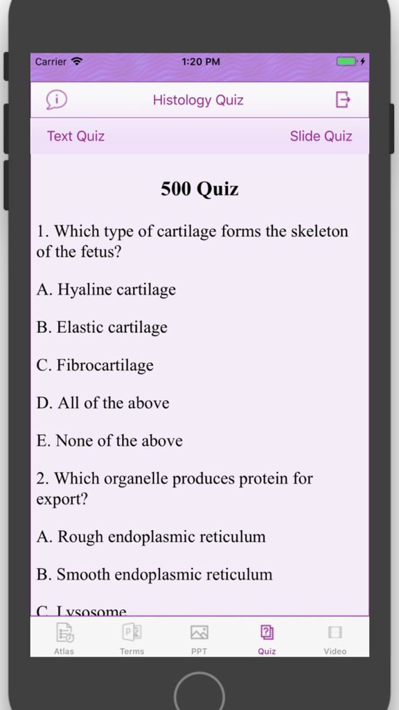 Histology Cell Tissue - Uma interface de quiz de texto de múltipla escolha no aplicativo Histologia Tecido Celular mostrando perguntas sobre cartilagem e organelas.