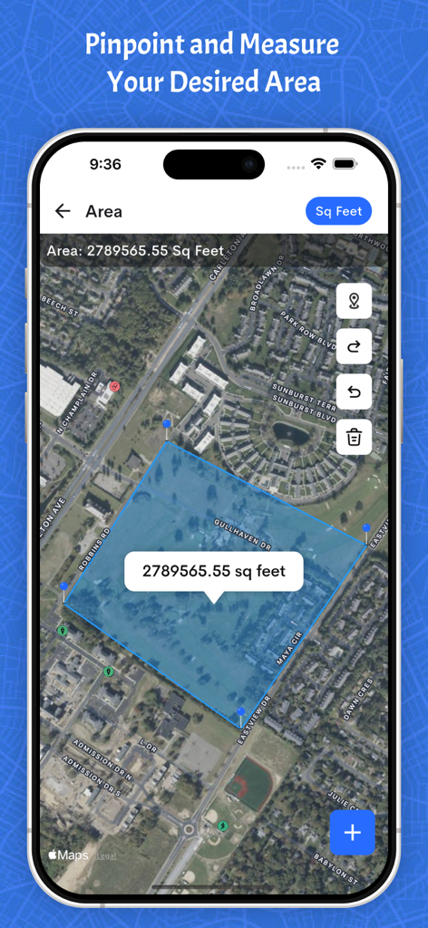 Field maps - Distance Measure - Visualização de mapa de satélite mostrando uma área de polígono destacada em azul medida em pés quadrados em uma interface móvel.