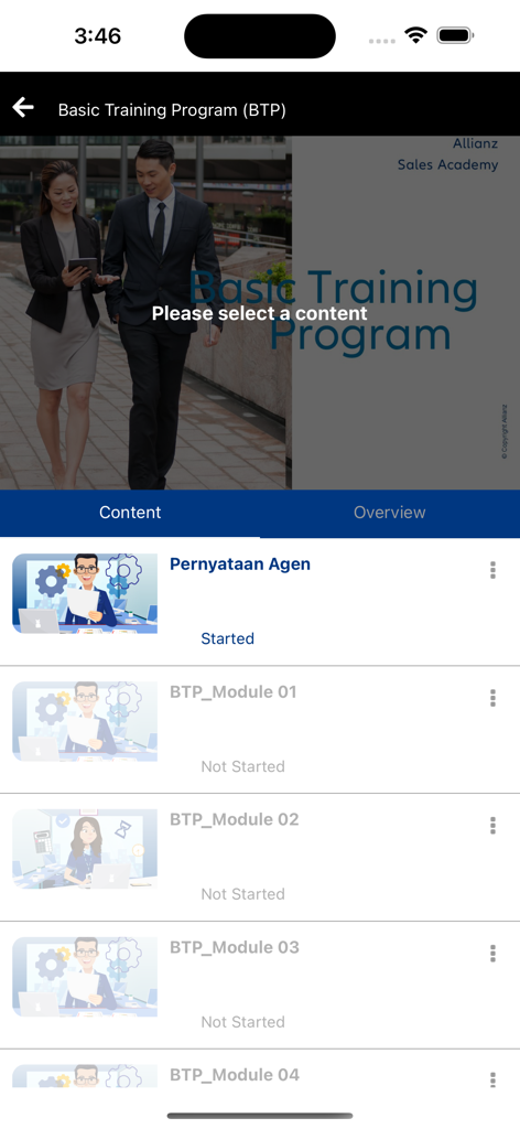 Allianz Learn - Basic Training Program module list in the Allianz Learn app showing different course units and their completion status.