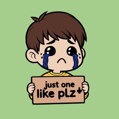 realistic crying boy with a sign saying just one like plz