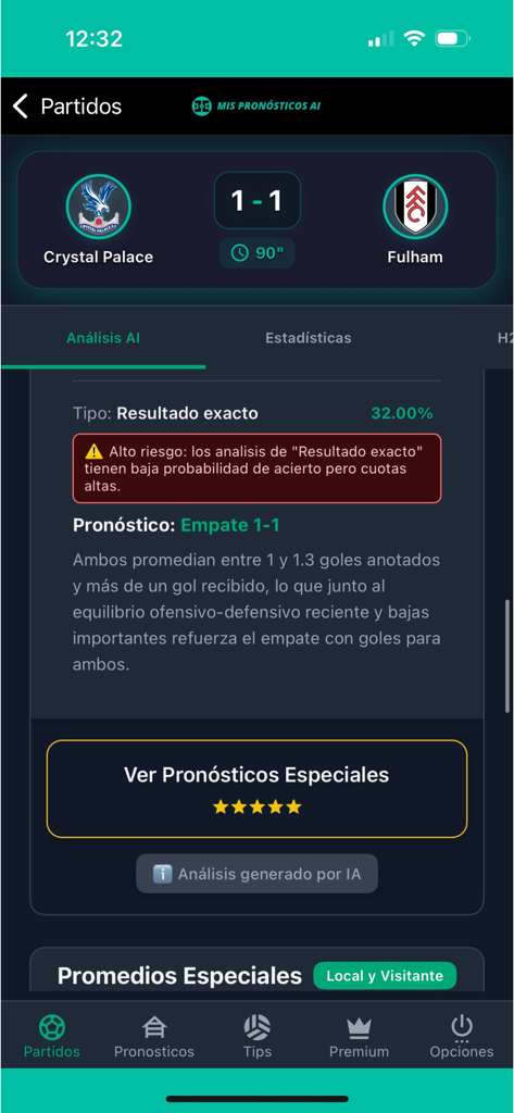 Pantalla de análisis de predicción de partidos de fútbol impulsada por IA para Crystal Palace vs Fulham