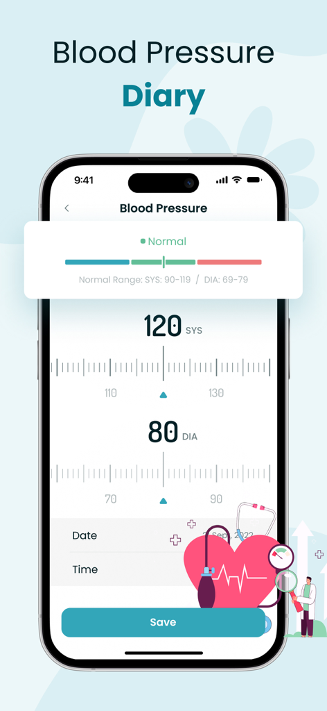 Un smartphone que muestra la pantalla del diario de presión arterial de la aplicación HealthBit donde los usuarios pueden registrar las lecturas sistólicas y diastólicas.