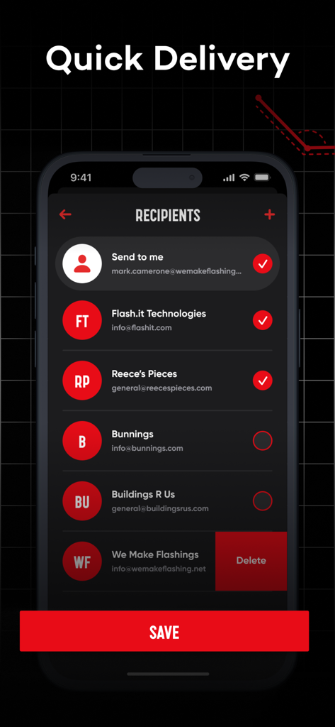 Flash.It - Flash.It App-Bildschirm mit der Empfängerliste für die schnelle Lieferung von Dachblechbestellungen