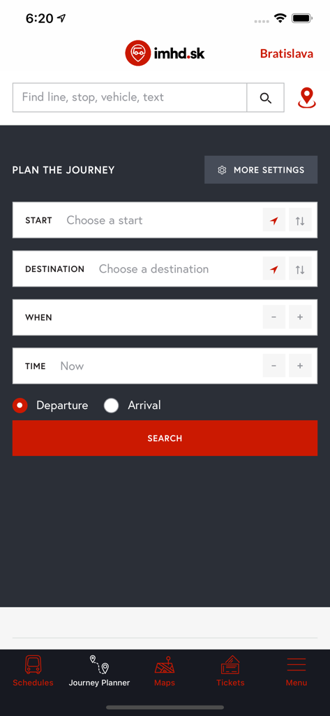 Routenplaner-Oberfläche der mobilen App imhd.sk für öffentliche Verkehrsmittel in Bratislava.